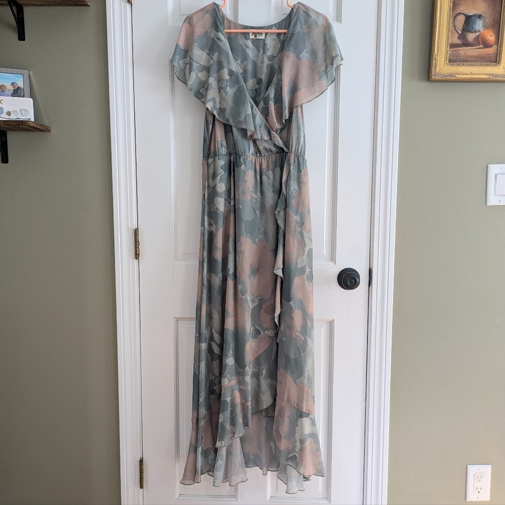 Show Me Your Mumu *Altered* Jess Ruffle mock wrap midi dress size M